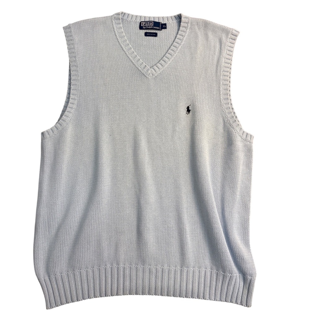 Polo Ralph Lauren Mens XL Blue Cotton V-Neck Sweater Vest Shaker Knit Pony Logo